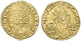 BOLOGNA. Giulio II (Giuliano della Rovere), 1503-1513. Ducato papale. Au gr. 3,45 Dr. IVLIVS II PONT MAX Stemma decagono in quadribolo con chiavi lega...