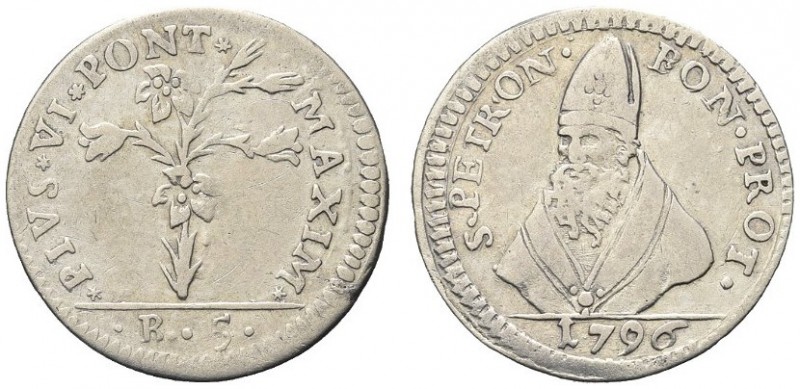 BOLOGNA. Pio VI (Giovanni Angelo Braschi), 1775-1799. Carlino da 5 baiocchi 1796...