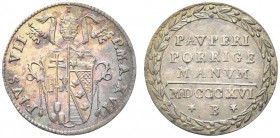 BOLOGNA. Pio VII (Barnaba Chiaramonti), 1800-1823. Mezzo grosso 1816 a. XVII. Ar gr. 1,18 Dr. Stemma papale sormontato da tiara e chiavi decussate. Rv...