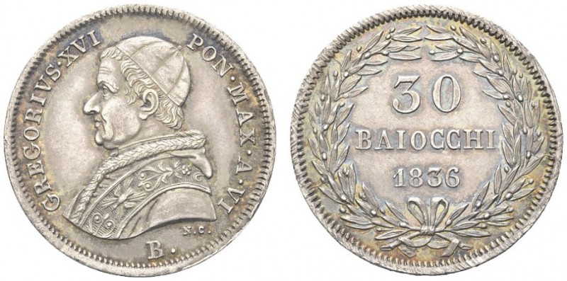 BOLOGNA. Gregorio XVI (Mauro Cappellari), 1831-1846. 30 Baiocchi 1836 a. VI. Ar ...