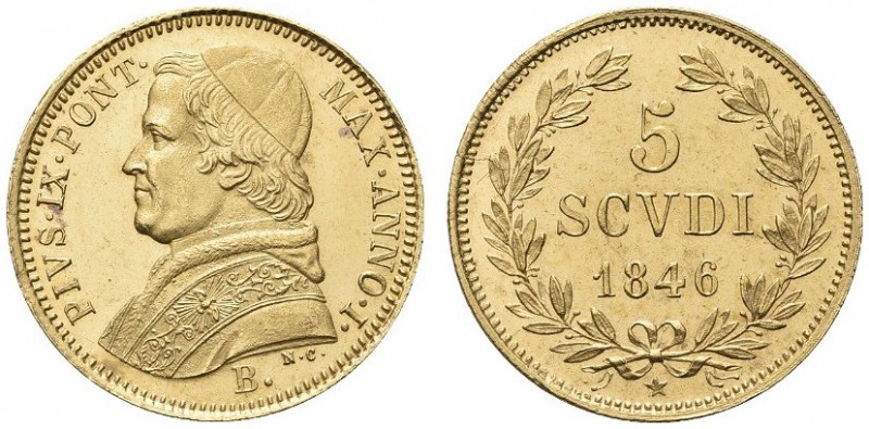 BOLOGNA. Pio IX (Giovanni Maria Mastai Ferretti), 1846-1870. 5 Scudi 1846 a. I. ...
