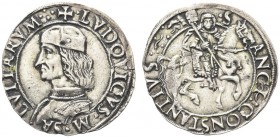 CARMAGNOLA. Ludovico II di Saluzzo, 1475-1504. Cavallotto. Ar gr. 3,94 Dr. LVDOVICVS M SA LVTIARVM Busto a s., corazzato, con berretto. Rv. S ANCT CON...