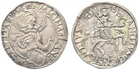 CARMAGNOLA. Michele Antonio di Saluzzo, 1504-1528. Cavallotto. Ar gr. 5,23 Dr. MICHAEL ANT M SALVTIAR Stemma, con cimiero, coronato e sormontato da dr...