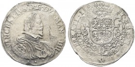 CASALE. Vincenzo I, 1587-1612. Ducatone da 12 bianchi. Ar gr. 26,38 Dr. VINCENTIVS D G DVX MAN IIII Busto, con collare del Redentore, a d. Rv. ET MONT...