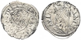 CASTRO. Pierluigi Farnese, 1545-1547. Quattrino. Ar gr. 0,27 Dr. P ALOISIVS DVX CASTRI Stemma a cuore. Rv. SANCTVS SAVINVS San Savino, con mitria e pa...