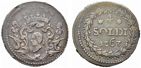 ISOLA DI CORSICA. . Pasquale Paoli, 1762-1768. 4 Soldi 1767, Corte. Mi gr. 2,05 Dr. Anepigrafe Stemma coronato in cartella tra due Geni marini. Rv. Va...
