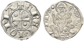 CREMONA. Comune, 1155-1330. Grosso col Santo. Ar gr. 2,11 Dr. CREMONA Croce unghiata accantonata da due gigli e da due globetti; sulla N della legenda...