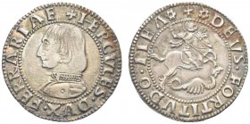 FERRARA. Ercole I d’Este, 1471-1505. Grossone. Ar gr. 3,74 Dr. HERCVLES DVX FERRARIE Busto corazzato a s. Rv. DEVS FORTITVDO MEA San Giorgio al galopo...