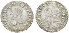 FERRARA. Ercole II d'Este, 1534-1559. Grossetto. Ar gr. 1,44 Dr. HER II DVX FERRAR IIII Busto corazzato a s. Rv. PERFICIT ET OFICIT Saturno, in vesti ...