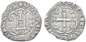 GENOVA. Nicolò Guarco, Doge VIII, 1378-1383. Grosso, sigla O. Ar gr. 2,85 Dr. DVX IANVENSIVM OTAVVS Castello in cornice. Rv. CONRADVS REX. Croce paten...