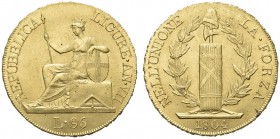 GENOVA. Repugglica Ligure, 1798-1805. 96 Lire 1804. Au gr. 25,15 Dr. La Liguria turrita seduta a s., tiene con la mano d.lancia e con la s. scudo; sul...