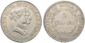 LUCCA e PIOMBINO. . Felice e Elisa Baciocchi, 1805-1814. 5 Franchi 1808, busti grandi. Ar gr. 24,87 Dr. Busti grandi accollati a d. Rv. Nel campo valo...