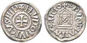 MILANO. . Ludovico I, il Pio, 814-840. Denaro col tempio. Ar gr. 1,70 Dr. HLVDOVVICVS IMP Croce entro cerchio e accantonata da quattro globetti. Rv. X...