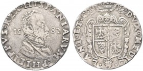 MILANO. . Filippo II di Spagna, duca di Milano, 1554-1598. Scudo 1582. Ar gr. 26,30 Dr. PHILIPPVS REX HISPANIARVM Busto corazzato a d., con collare al...