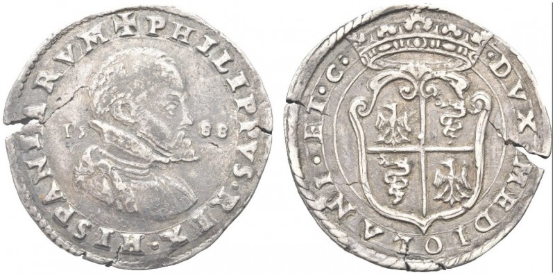 MILANO. . Filippo II di Spagna, duca di Milano, 1554-1598. Mezzo Scudo 1588. Ar ...