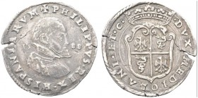 MILANO. . Filippo II di Spagna, duca di Milano, 1554-1598. Mezzo Scudo 1588. Ar gr. 15,98 Simile al precedente. Cr. 26 MIR 314. Fratture. BB