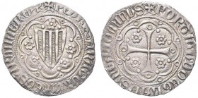 VILLA DI CHIESA. Pietro IV d’Aragona, 1336-1387. Alfonsino d'argento. Ar gr. 3,18 Dr. PETRUS ARAGONUM ET SARDINIE REX Stemma aragonese accostato e sor...