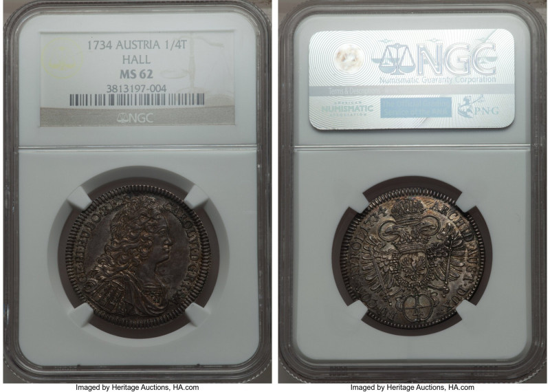 Karl VI 1/4 Taler 1734 MS62 NGC, Hall mint, KM618.2. A well-preserved example of...