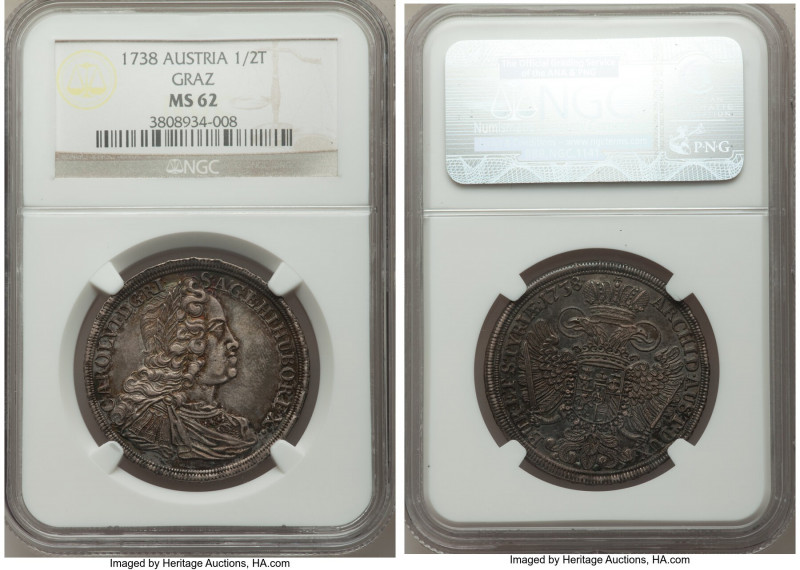 Karl VI 1/2 Taler 1738 MS62 NGC, Graz mint, KM1643. Assigned an appreciable near...