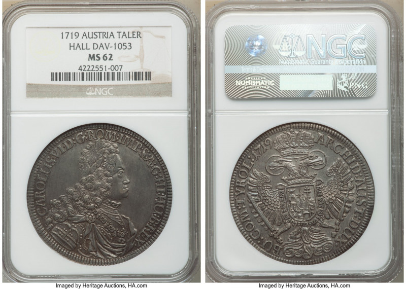 Karl VI Taler 1719 MS62 NGC, Hall mint, KM1594, Dav-1053. Deeply steel toned, th...