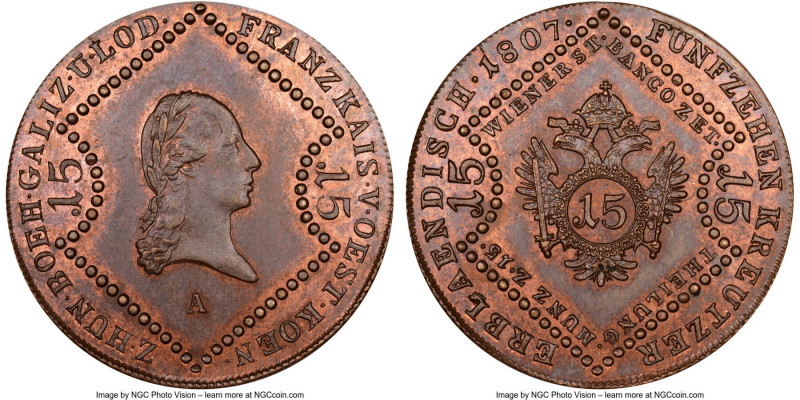 Franz I 15 Kreuzer 1807-A MS63 Red and Brown NGC, Vienna mint, KM2138. A lovely ...