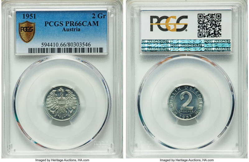 Republic Proof 2 Groschen 1951 PR66 Cameo PCGS, KM2676. Extremely frosty across ...