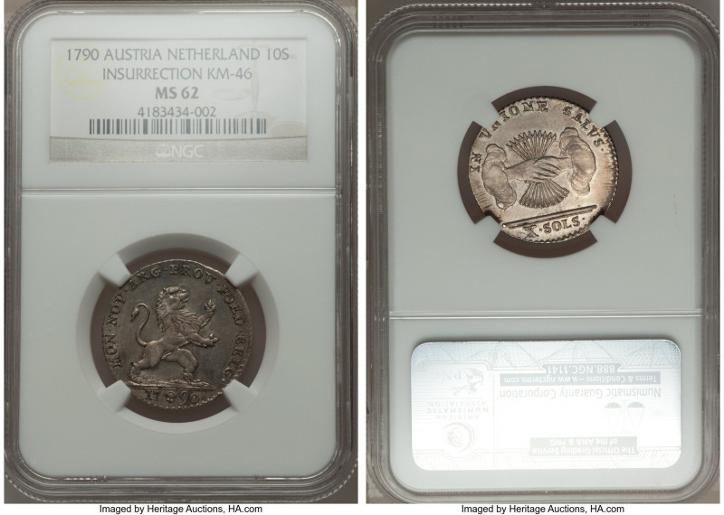 Insurrection 10 Sols 1790-(b) MS62 NGC, Brussels mint, KM46. IN VNIONE SALVS var...