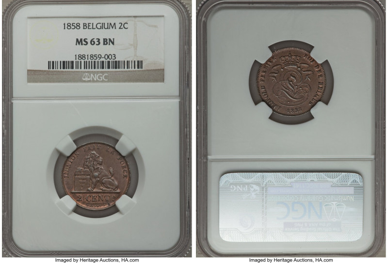 Leopold I 2 Centimes 1858 MS63 Brown NGC, KM4.2. A wholesome offering and the on...