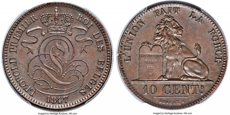 Leopold I 10 Centimes 1847 MS64 Brown PCGS, KM2.1. An incredibly sharp example w...