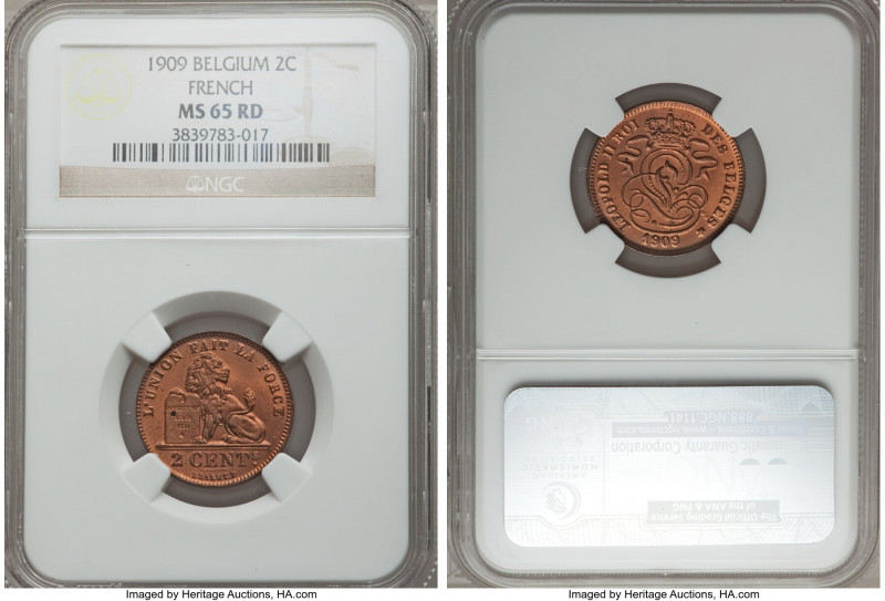 Leopold II 2 Centimes 1909 MS65 Red NGC, KM35.1. French legends variety. Current...