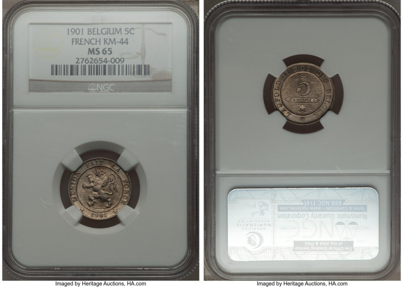 Leopold II 5 Centimes 1901 MS65 NGC, KM44, Eeckhout-NBFB-18 (Large Lion variety)...