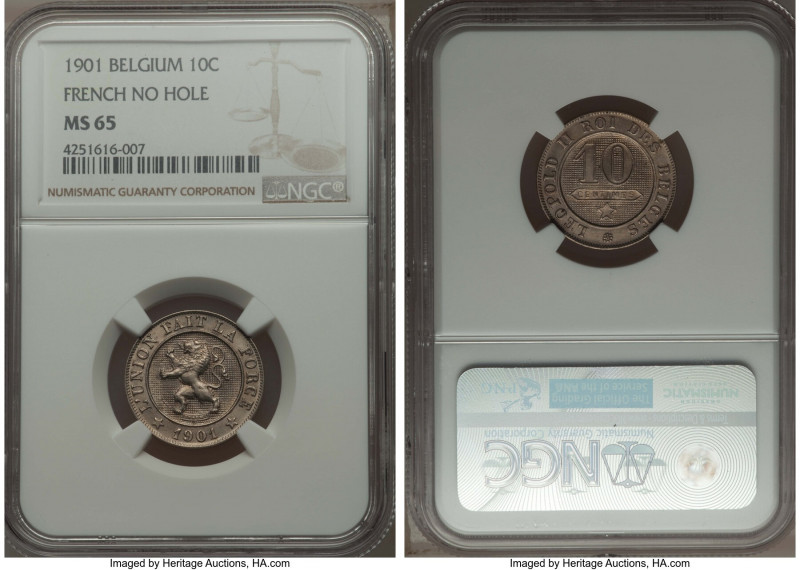 Leopold II 10 Centimes 1901 MS65 NGC, KM42. Type with no hole and French legends...