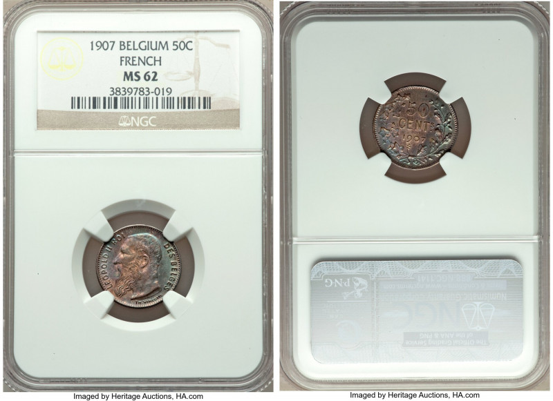 Leopold II 50 Centimes 1907 MS62 NGC, KM60.1. French legends variety. Attractive...