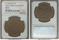 Ghent. German Occupation 5 Franken 1917 MS63 NGC, Ghent mint, KM-Tn6. Struck in brass-plated iron. Darkly toned, with few serious signs of handling or...
