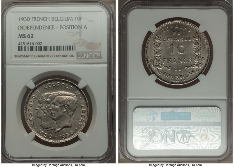 Albert I 10 Francs 1930 MS62 NGC, KM99. French legends, position A variety. Cent...