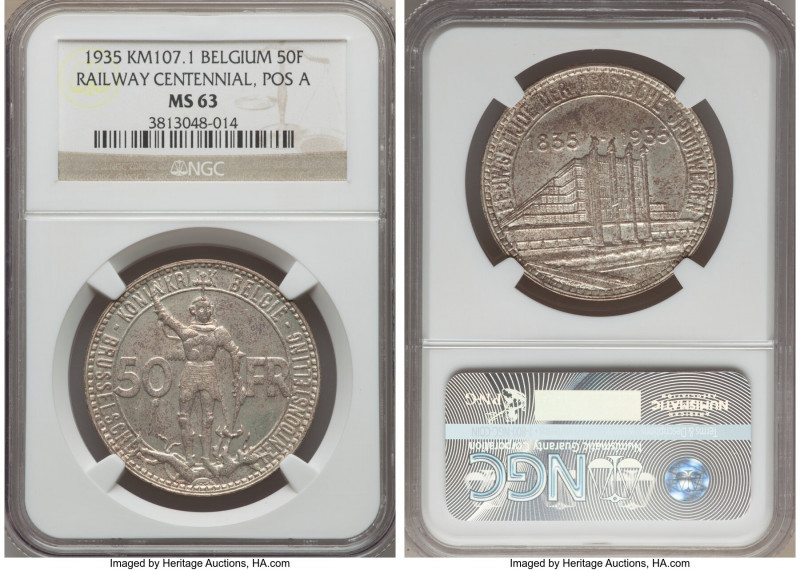 Leopold III 50 Francs 1935 MS63 NGC, KM107.1. Flemish legends variety, position ...