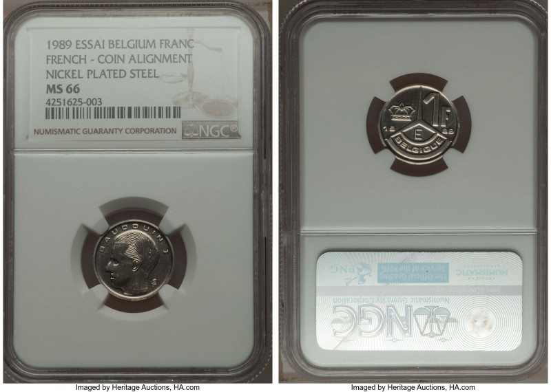 Baudouin I nickel-plated steel Essai Franc 1989 MS66 NGC, cf. KM171 (for standar...