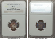 Frederick VI 2 Skilling 1801-HIAB MS63 NGC, Copenhagen mint, KM660.1. Splendidly nacreous, with a blend of blue, purple, and peach tone framing silver...