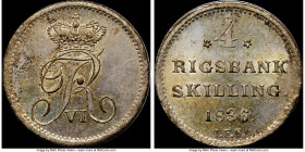 Frederick VI 4 Rigsbankskilling 1836-IFF MS65 NGC, Altona mint, KM712. Impeccably well-struck and coated in a luxurious pale champagne patina. Ex. Eri...