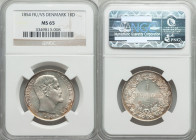 Frederick VII Rigsdaler 1854 (c)-VS MS65 NGC, Copenhagen mint, KM760.1. A lightly silver toned example with golden highlights and unending luster. A t...