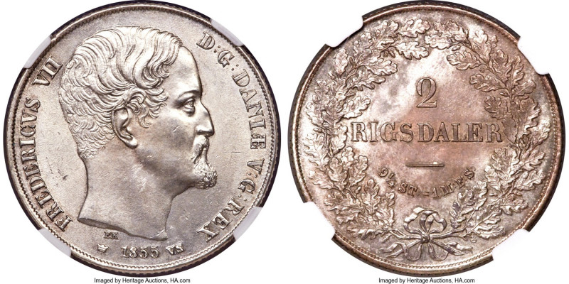 Frederick VII 2 Rigsdaler 1855 (c)-VS MS63 NGC, Copenhagen mint, KM761.2. Watery...