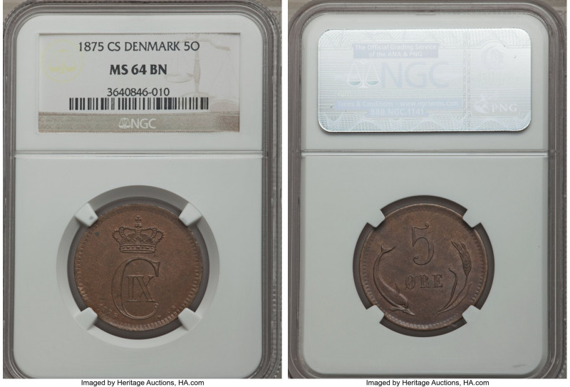 Christian IX 5 Ore 1875 (h)-CS MS64 Brown NGC, Copenhagen mint, KM794.1. A scarc...