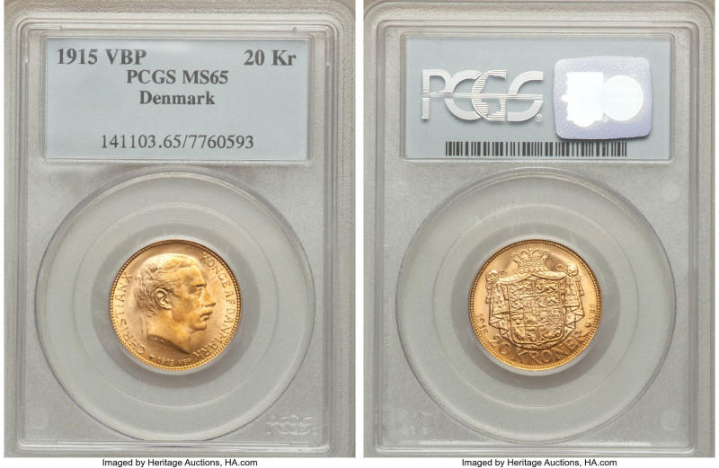 Christian X gold 20 Kroner 1915 (h)-VBP MS65 PCGS, Copenhagen mint, KM817.1. Dec...