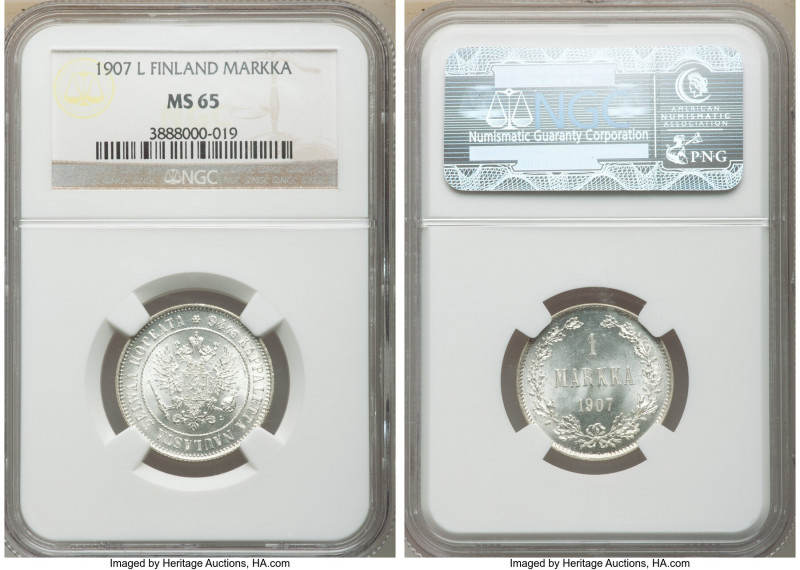 Russian Duchy. Nicholas II Markka 1907-L MS65 NGC, KM3.2. Absolutely radiant and...