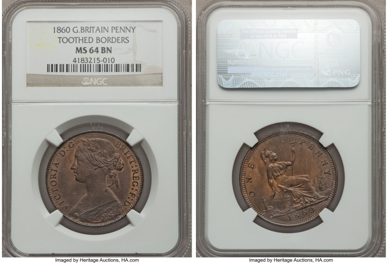 Victoria Penny 1860 MS64 Brown NGC, KM749.2. Variety with toothed borders. A vir...