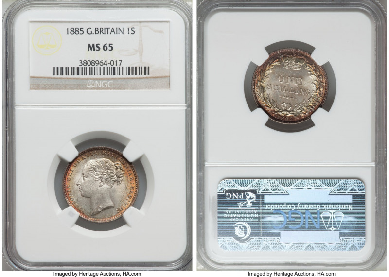 Victoria Shilling 1885 MS65 NGC, KM734.4. Young Head type. A spectacular gem wit...