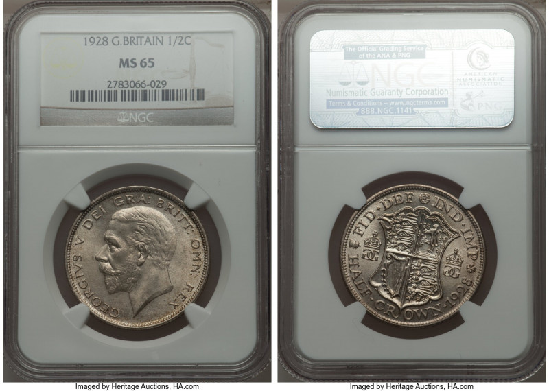 George V 1/2 Crown 1928 MS65 NGC, KM835. Light silvery toning with scintillating...