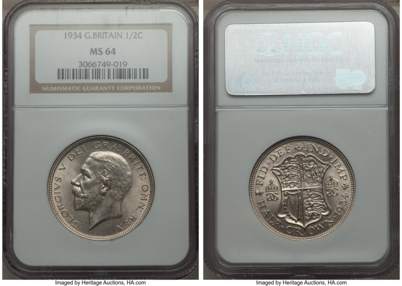 George V 1/2 Crown 1934 MS64 NGC, KM835. A significantly better date. Sharply st...