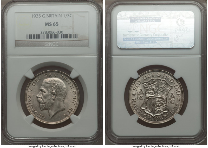 George V 1/2 Crown 1935 MS65 NGC, KM835. A praiseworthy example with full silver...