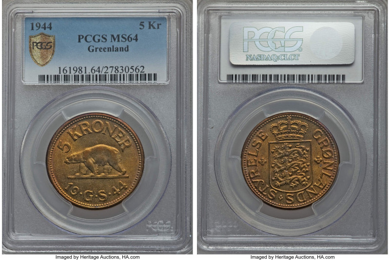 Danish Colony 5 Kroner 1944 MS64 PCGS, Philadelphia mint, KM9. Mostly used by US...